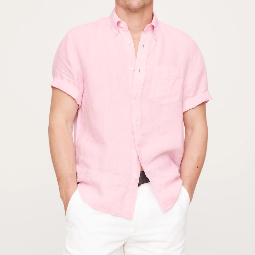 100% Linen Men's Dress shirt  size Large Pink Salmon